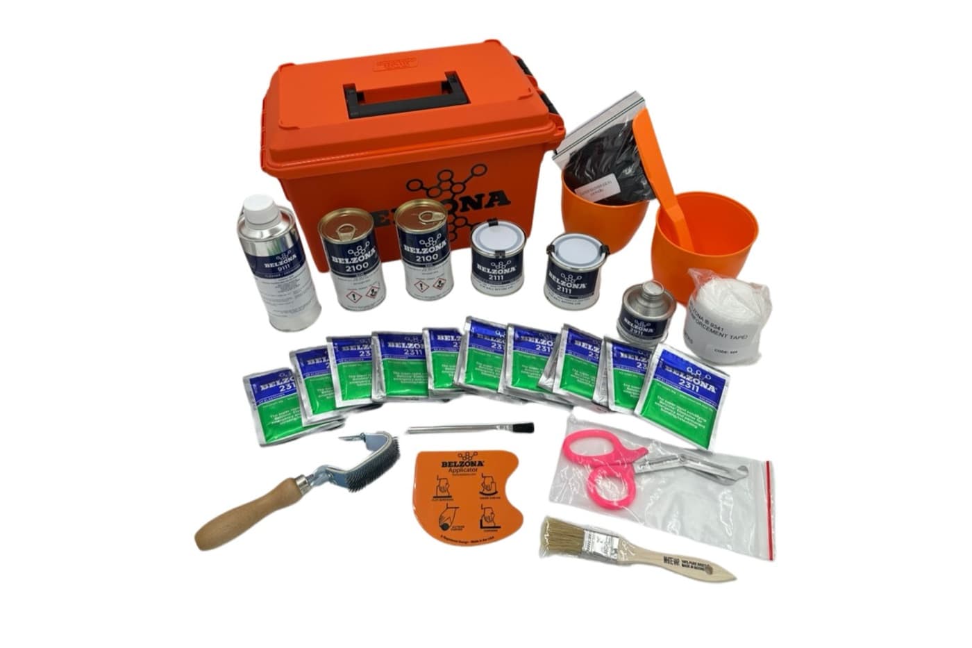 Belzona Rubber Repair Kit (CBRK) — orange toolbox with Belzona 2000-series elastomers, conditioner, reinforcement tape, brushes and mixing bowls